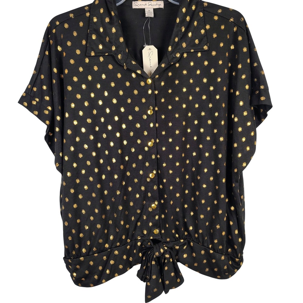 NWT French Laundry Womens XL Tie Front Shirt Black Gold Polka Dot Glam Party